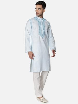 light blue neck embroidered long kurta - 18371554 - Standard Image - 4