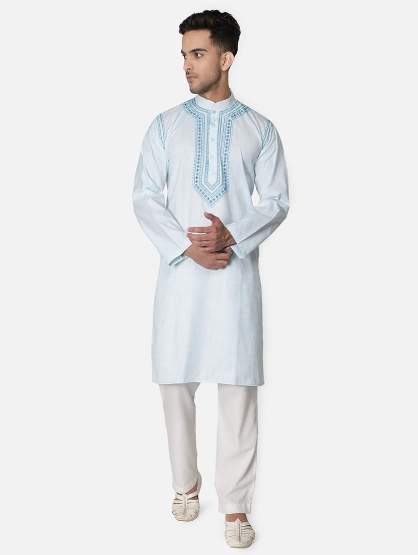 light blue neck embroidered long kurta - 18371554 - Zoom Image - 2