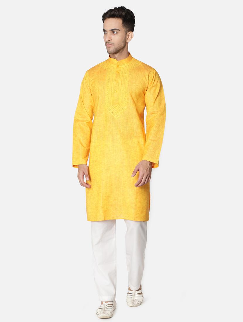 yellow neck embroidered long kurta - 18371557 - Zoom Image - 2