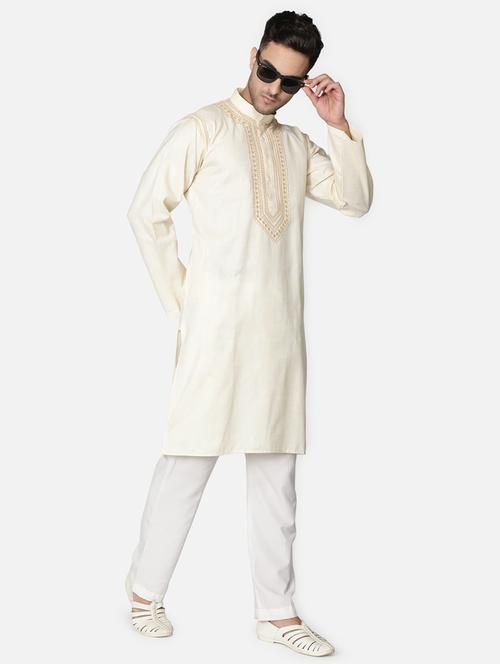 cream neck embroidered long kurta - 18371560 - Standard Image - 1