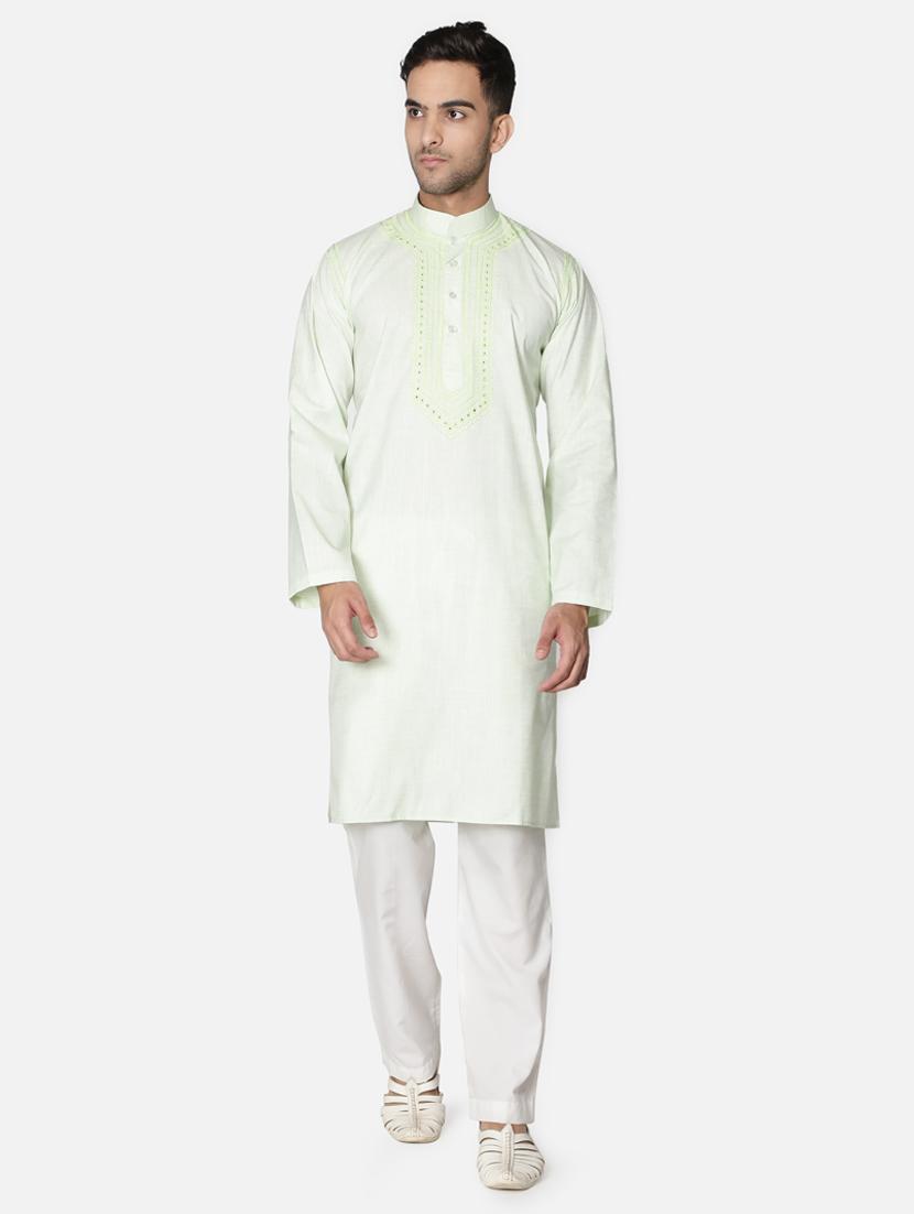green neck embroidered long kurta - 18371561 - Zoom Image - 2