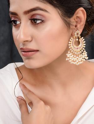 gold plated pink ad studded peals drops chandbali earrings - 18372331 - Standard Image - 4