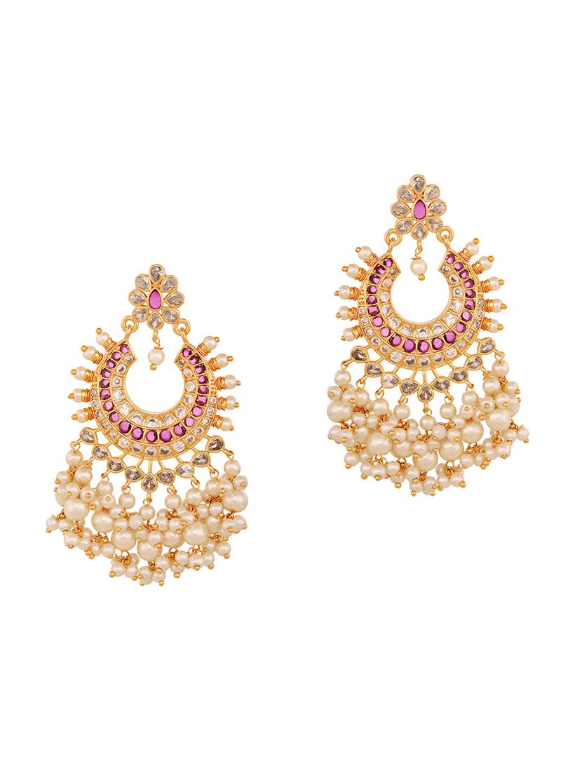 gold plated pink ad studded peals drops chandbali earrings - 18372331 - Zoom Image - 2