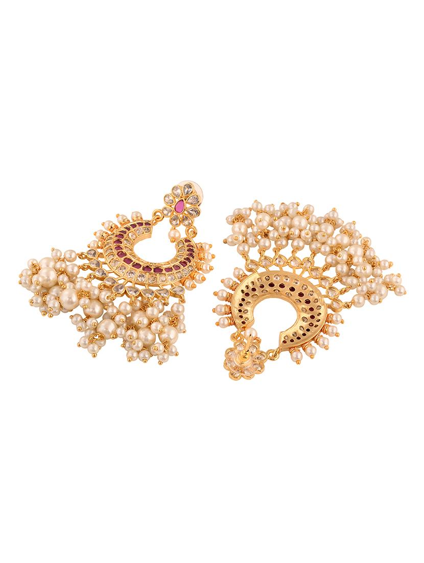 gold plated pink ad studded peals drops chandbali earrings - 18372331 - Zoom Image - 3