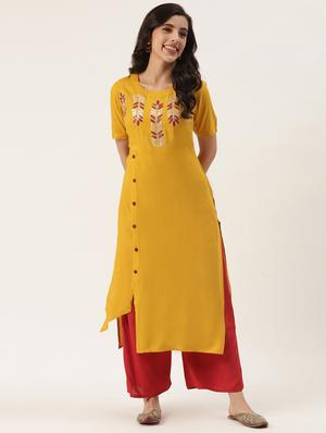 yellow solid asymmetric kurta - 18376988 - Standard Image - 3
