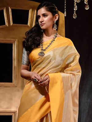 gold fringe detailed solid bordered saree with blouse - 18378176 - Standard Image - 3