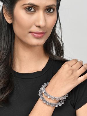 set of 2 silver toned oxidised bangles - 18380064 - Standard Image - 5