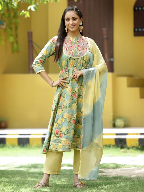 green cotton kurta pant set - 18380811 - Very Small Image - 1