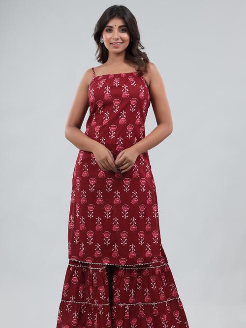 gianna cotton printed sleeveless kurta sharara set-red - 18381091 - Standard Image - 1