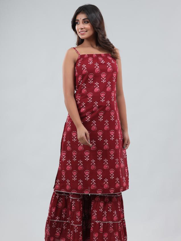 gianna cotton printed sleeveless kurta sharara set-red - 18381091 - Zoom Image - 3