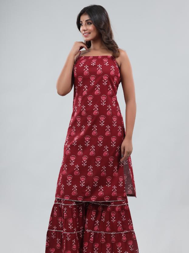 gianna cotton printed sleeveless kurta sharara set-red - 18381091 - Zoom Image - 4