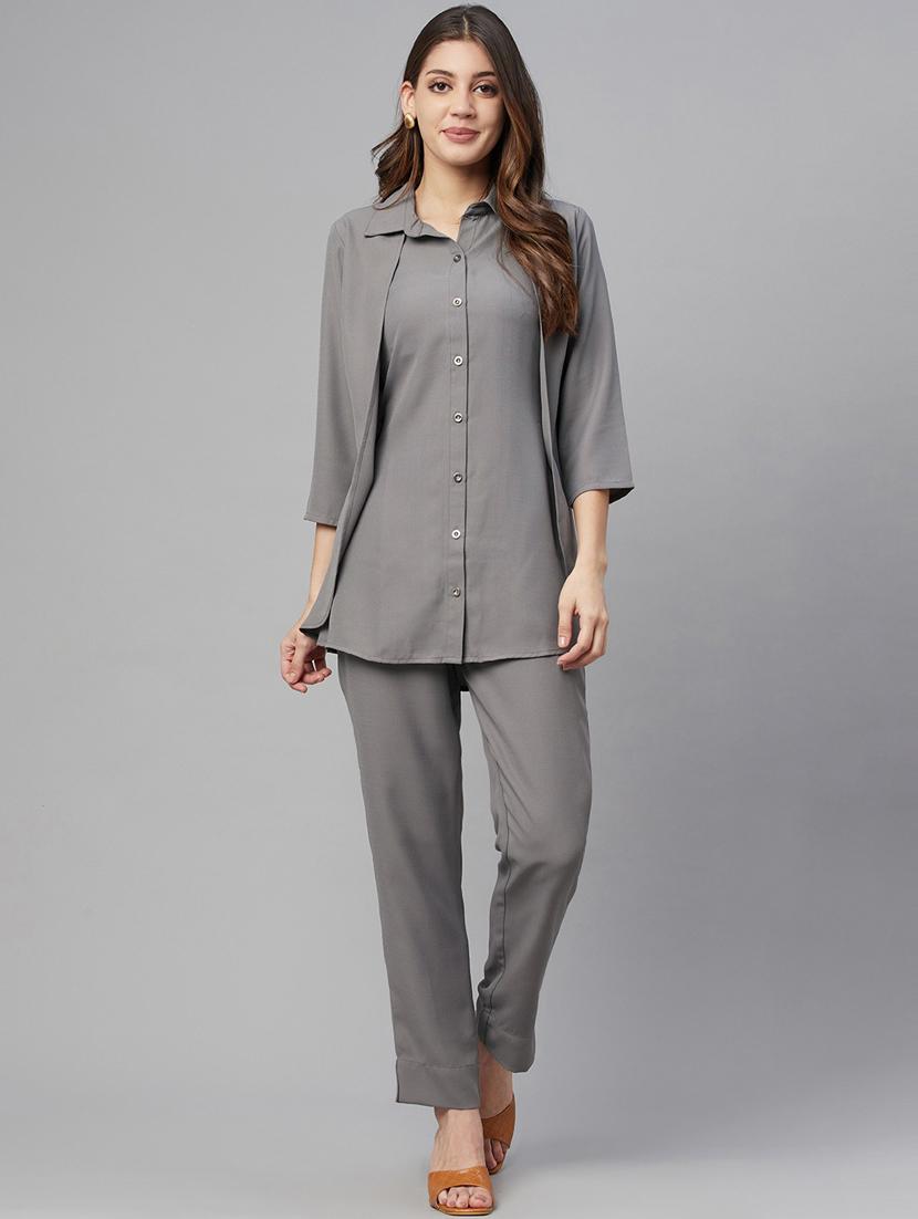 button up solid top and trouser set - 18382726 - Zoom Image - 2