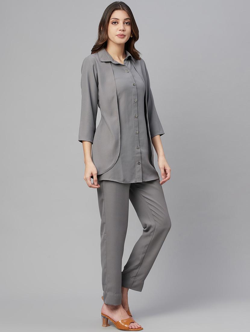 button up solid top and trouser set - 18382726 - Zoom Image - 3