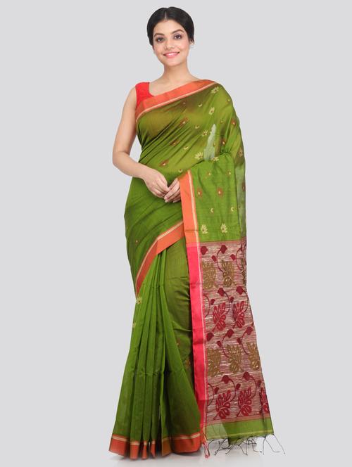 green cotton silk handloom saree with blouse - 18384540 - Very Small Image - 1