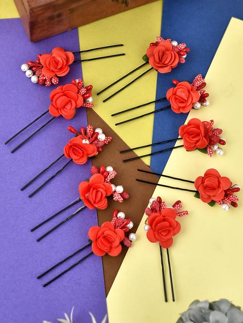 set of 10 women red flower embellished beaded u pins - 18385099 - Standard Image - 1