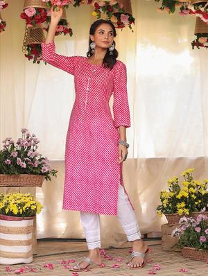 pink leheriya straight kurta - 18385990 - Standard Image - 3