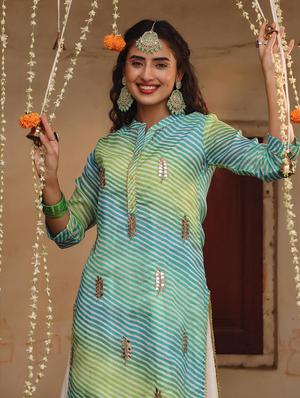 green leheriya straight kurta - 18385998 - Standard Image - 6
