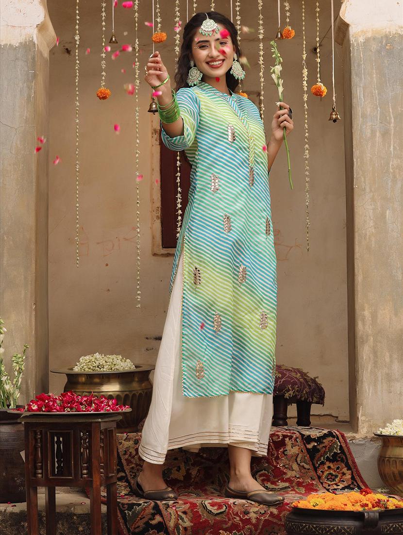 green leheriya straight kurta - 18385998 - Zoom Image - 1