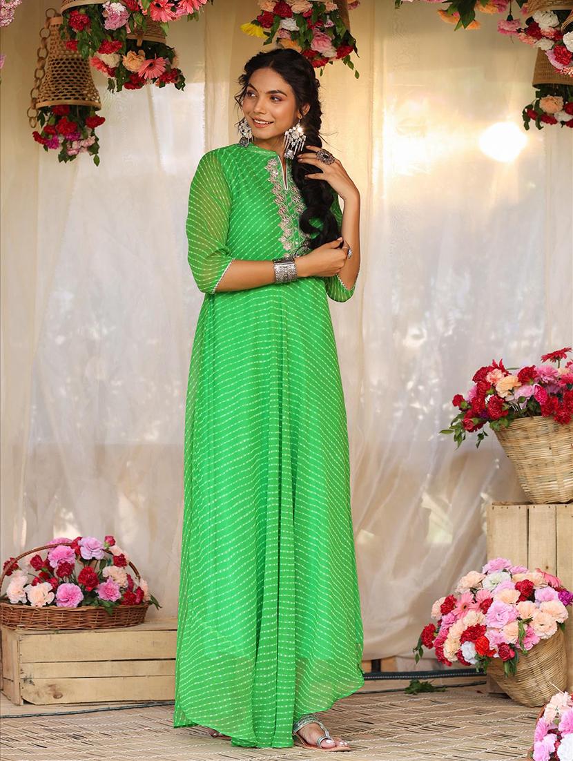 green leheriya flared kurta - 18386013 - Zoom Image - 3
