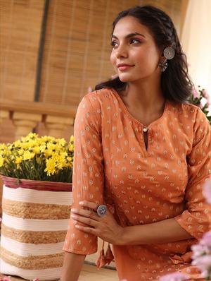 orange printed a-line kurta - 18386028 - Standard Image - 6