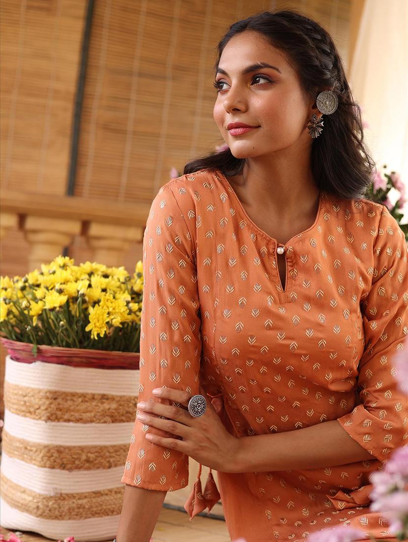 orange printed a-line kurta - 18386028 - Zoom Image - 6