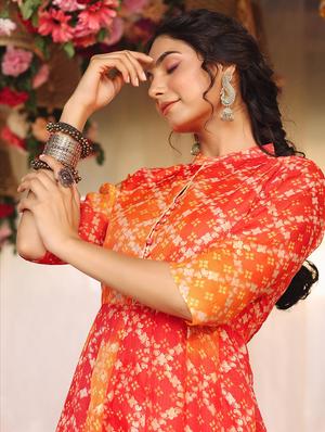 orange bandhani anarkali kurta - 18386030 - Standard Image - 6