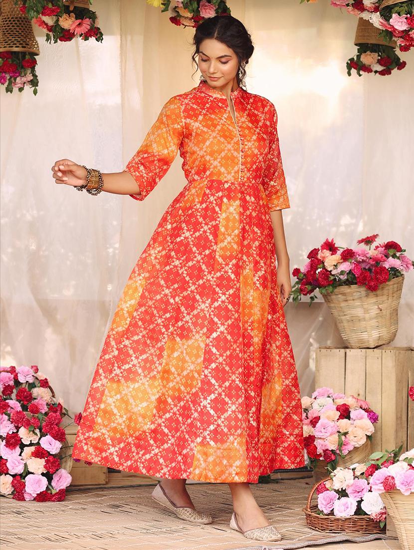 orange bandhani anarkali kurta - 18386030 - Zoom Image - 2