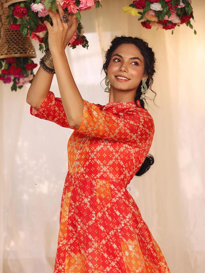 orange bandhani anarkali kurta - 18386030 - Zoom Image - 5