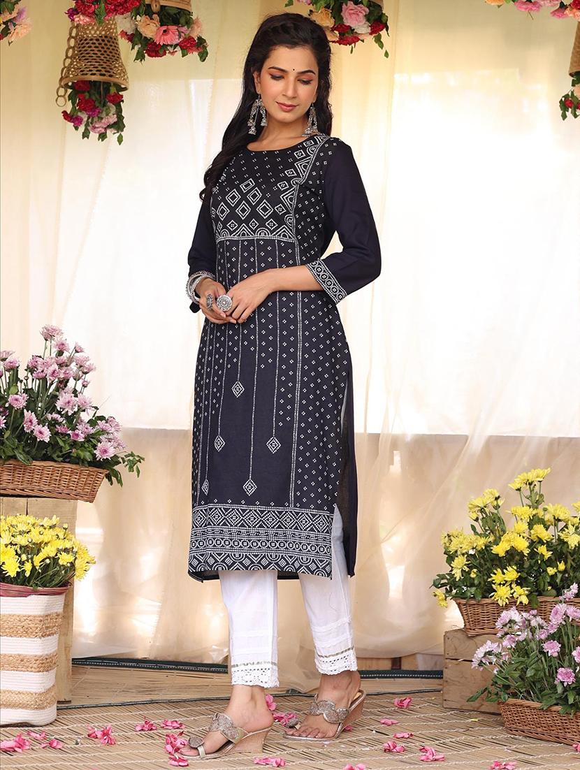black bandhani straight kurta - 18386044 - Zoom Image - 2