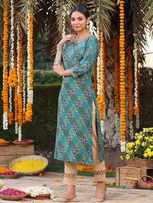 teal printed straight kurta - 18386068 - Standard Image - 2