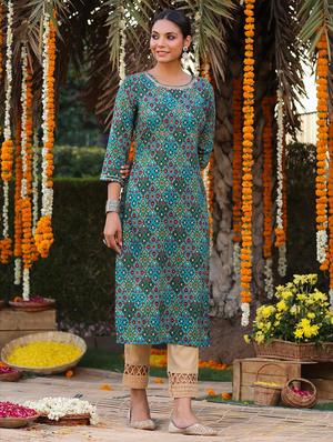 teal printed straight kurta - 18386068 - Standard Image - 3