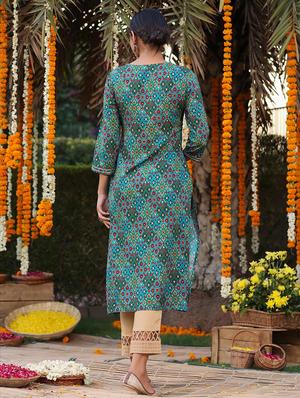 teal printed straight kurta - 18386068 - Standard Image - 4