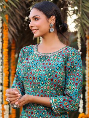 teal printed straight kurta - 18386068 - Standard Image - 6