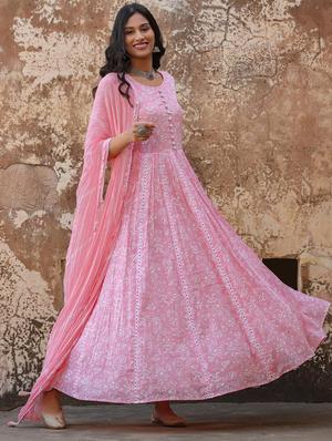 lace detailed printed kurta dupatta set - 18386072 - Standard Image - 2