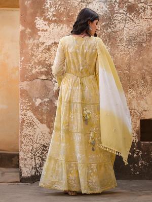 mustard floral anarkali kurta - 18386074 - Standard Image - 3