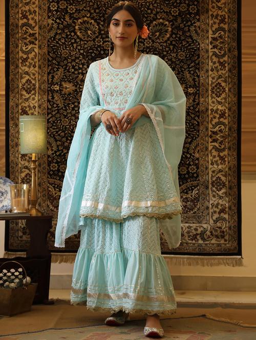 blue cotton kurta sharara set - 18386104 - Standard Image - 1