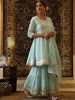 blue cotton kurta sharara set - 18386104 - Standard Image - 2
