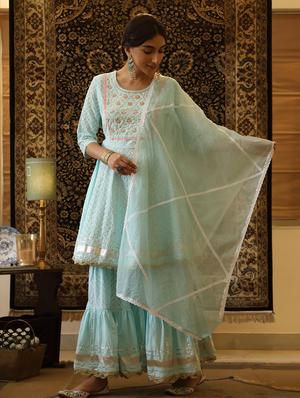 blue cotton kurta sharara set - 18386104 - Standard Image - 3