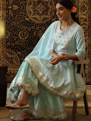 blue cotton kurta sharara set - 18386104 - Standard Image - 5
