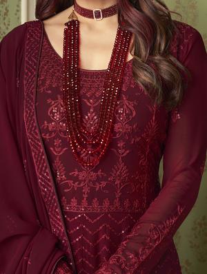 maroon georgette anarkali suits semistitched suit - 18387666 - Standard Image - 3