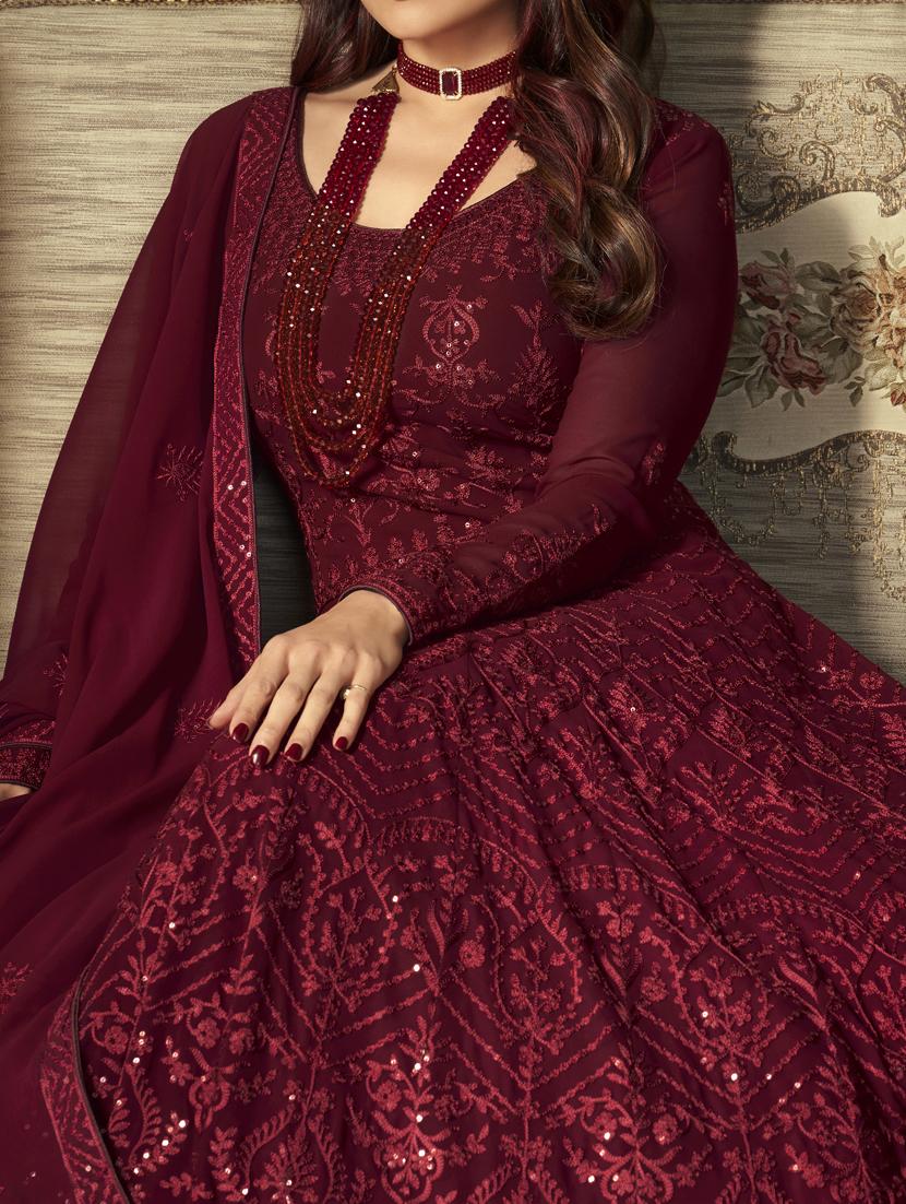 maroon georgette anarkali suits semistitched suit - 18387666 - Zoom Image - 2