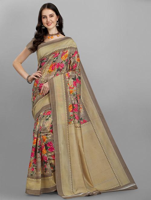 beige silk printed saree with blouse - 18387783 - Very Small Image - 1
