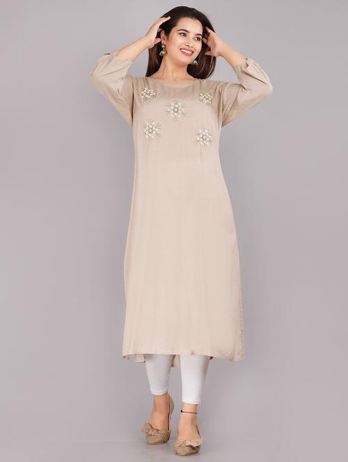beige embroidered straight kurta - 18388769 - Standard Image - 1