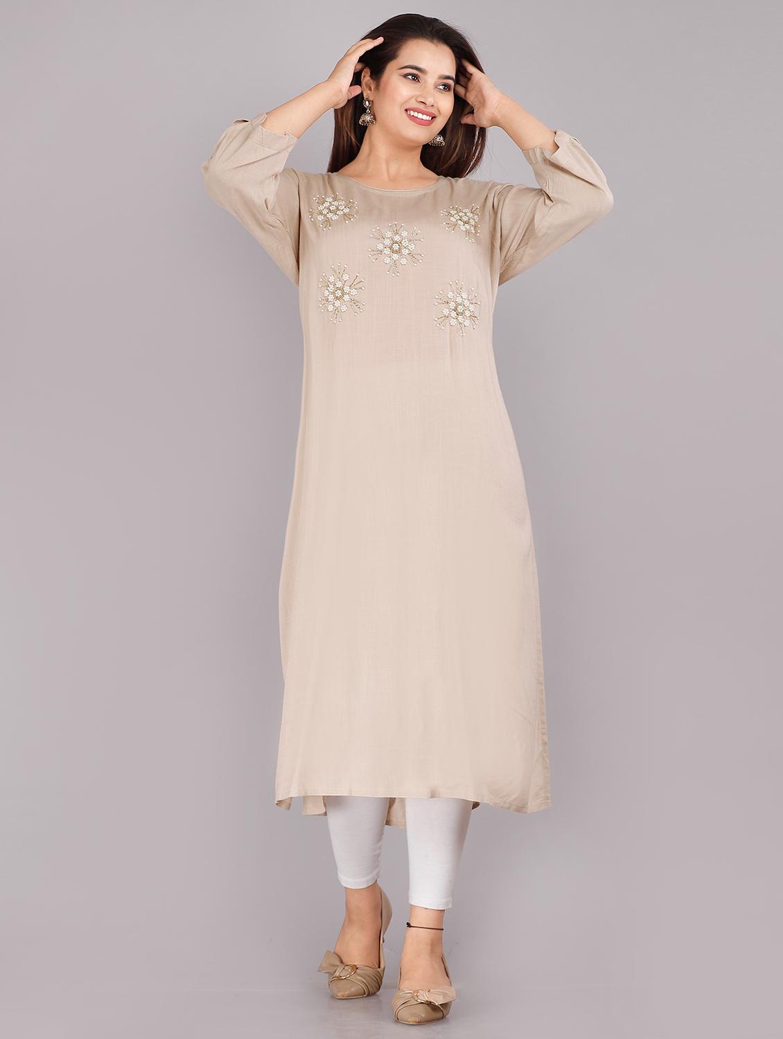 beige embroidered straight kurta - 18388769 - Zoom Image - 1