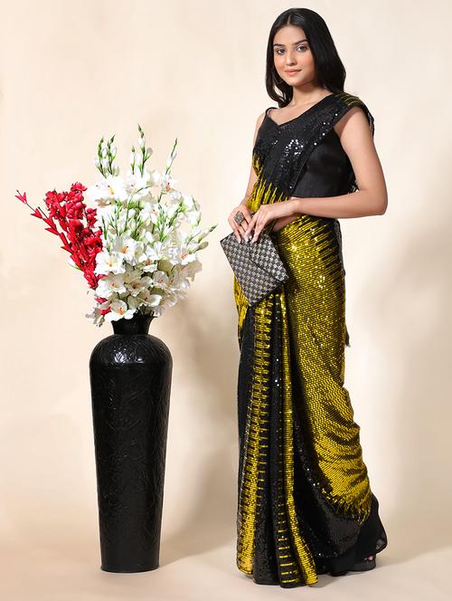 gold georgette embroidered saree with blouse - 18389056 - Standard Image - 1