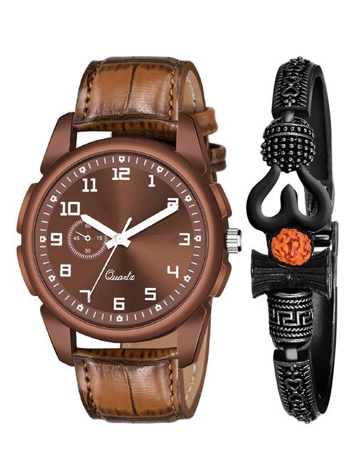 kajaru new fancy stylish - brown leather strap & mahadev bracelet combo watch - 18389162 - Very Small Image - 1