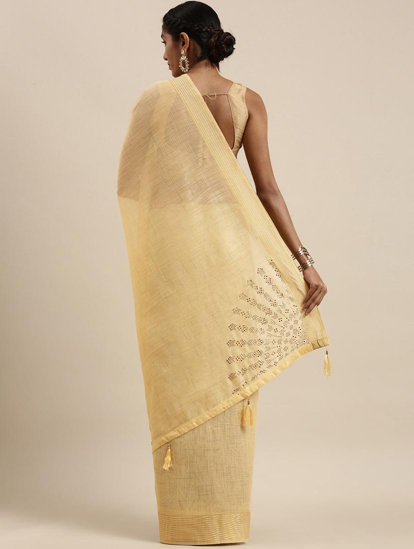 cream cotton silk plain saree with blouse - 18389407 - Zoom Image - 2
