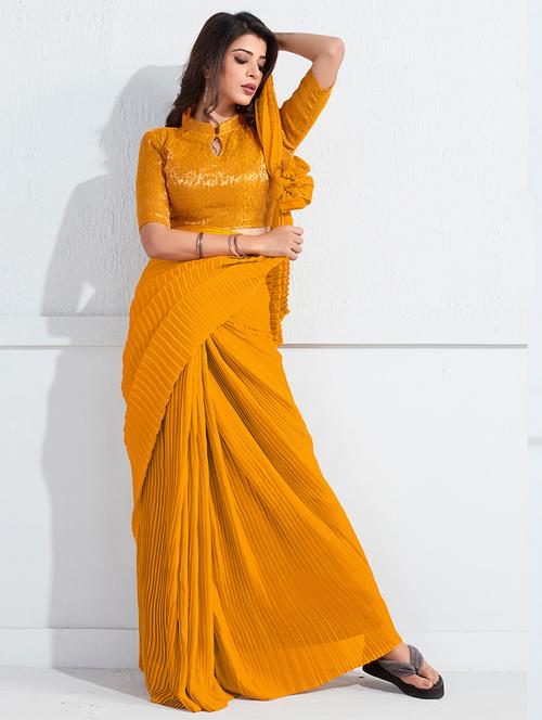 mustard georgette plain saree with blouse - 18390164 - Standard Image - 1