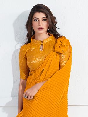mustard georgette plain saree with blouse - 18390164 - Standard Image - 2