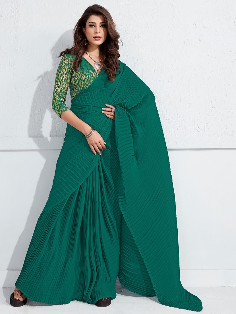 green georgette plain saree with blouse - 18390165 - Zoom Image - 1